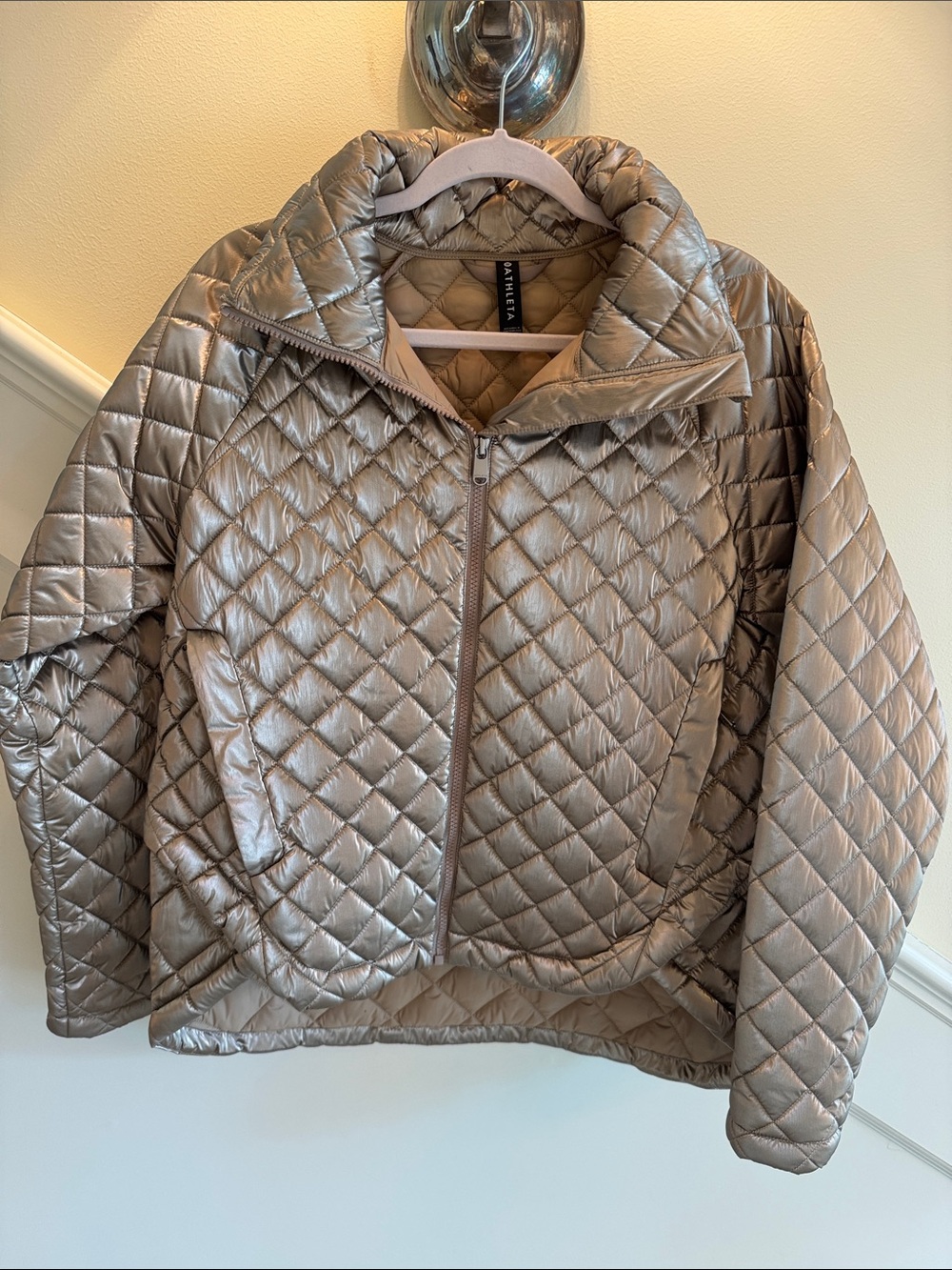 Athleta Metallic Taupe Diamond-Quilt Puffer Jacket